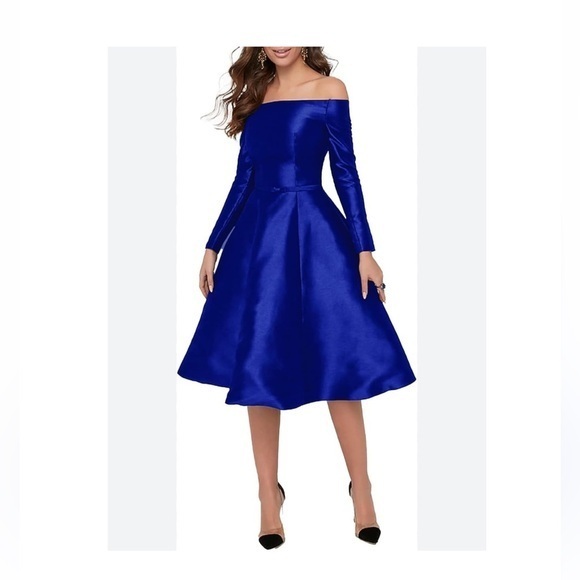 lan ting Dresses & Skirts - Blue Pleated Off-Shoulder Dress bow waist satin wedding guest formal cocktail